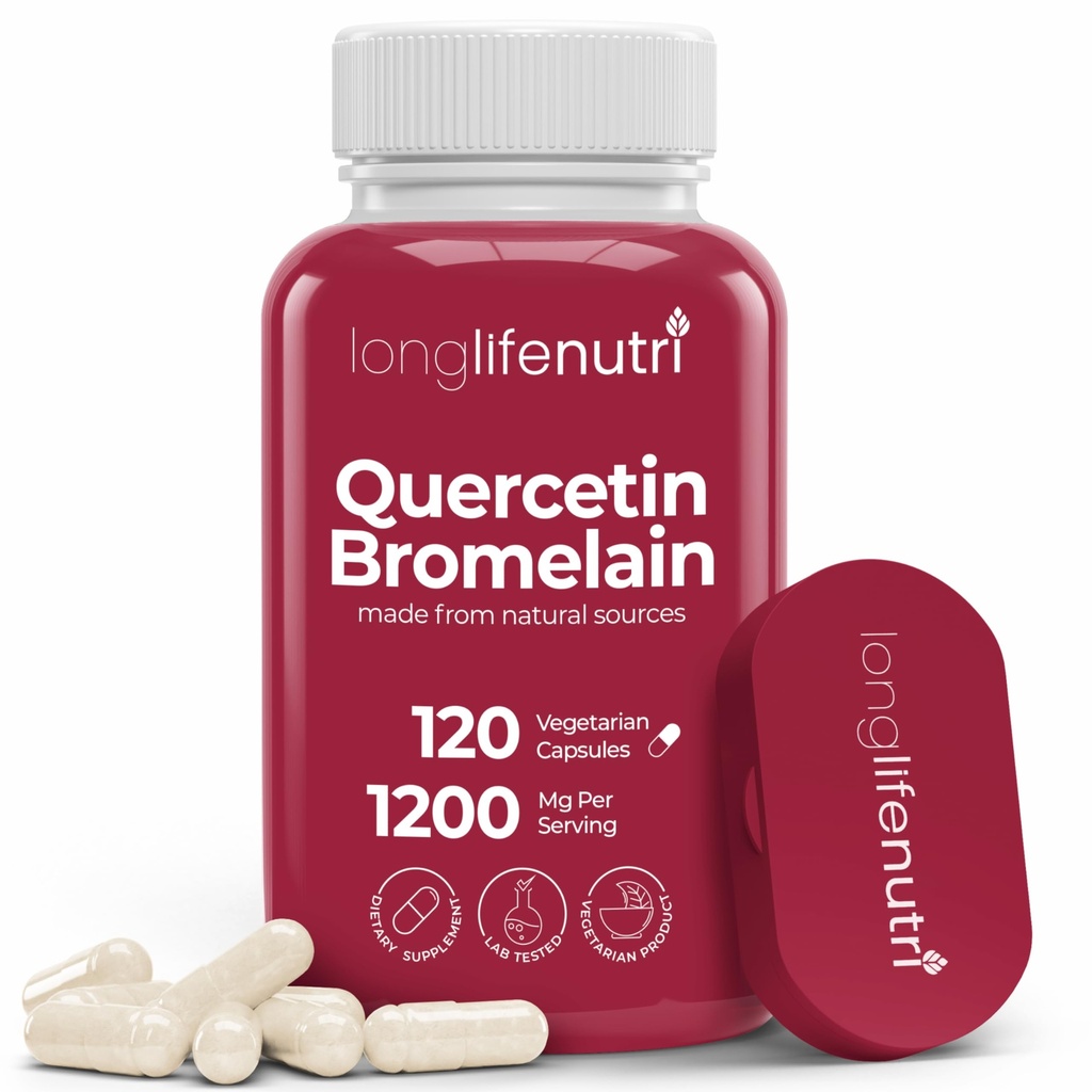 LongLifeNutri Quercetin 1000mgとBromelain 200mg - 120ベジタリアンカプセル、共同モビリティ&呼吸バランス、2ヶ月の供給、GMP認定、米国製
