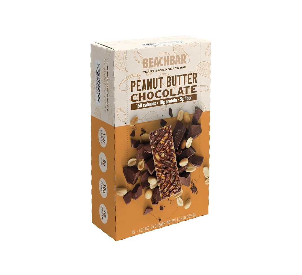 BODi BEACHBAR Plant-Based Peanut Butter Chocolate – Protein Rich Vegan Snack Bar, Gluten-Free, Low Glycemic Index, 10g Protein, 150 Calories, 15 Bars per Box