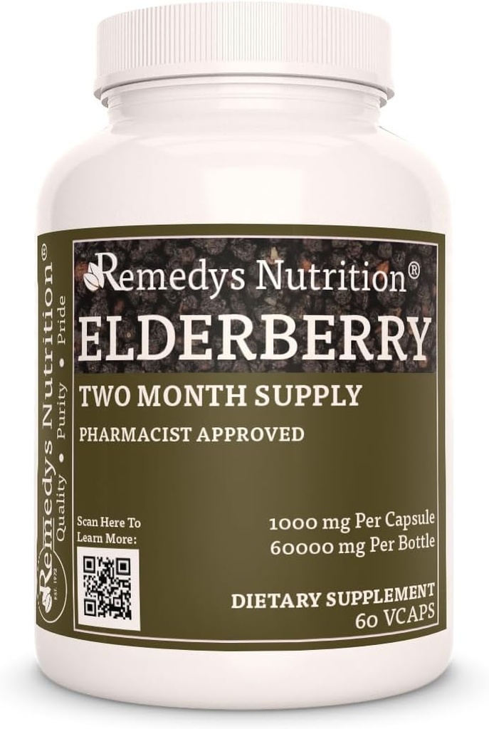 Remedyの栄養のエルダーベリー | 1,000 mg, 60 ビーガンカプセルハーブサプリメント | 2 ヶ月の供給