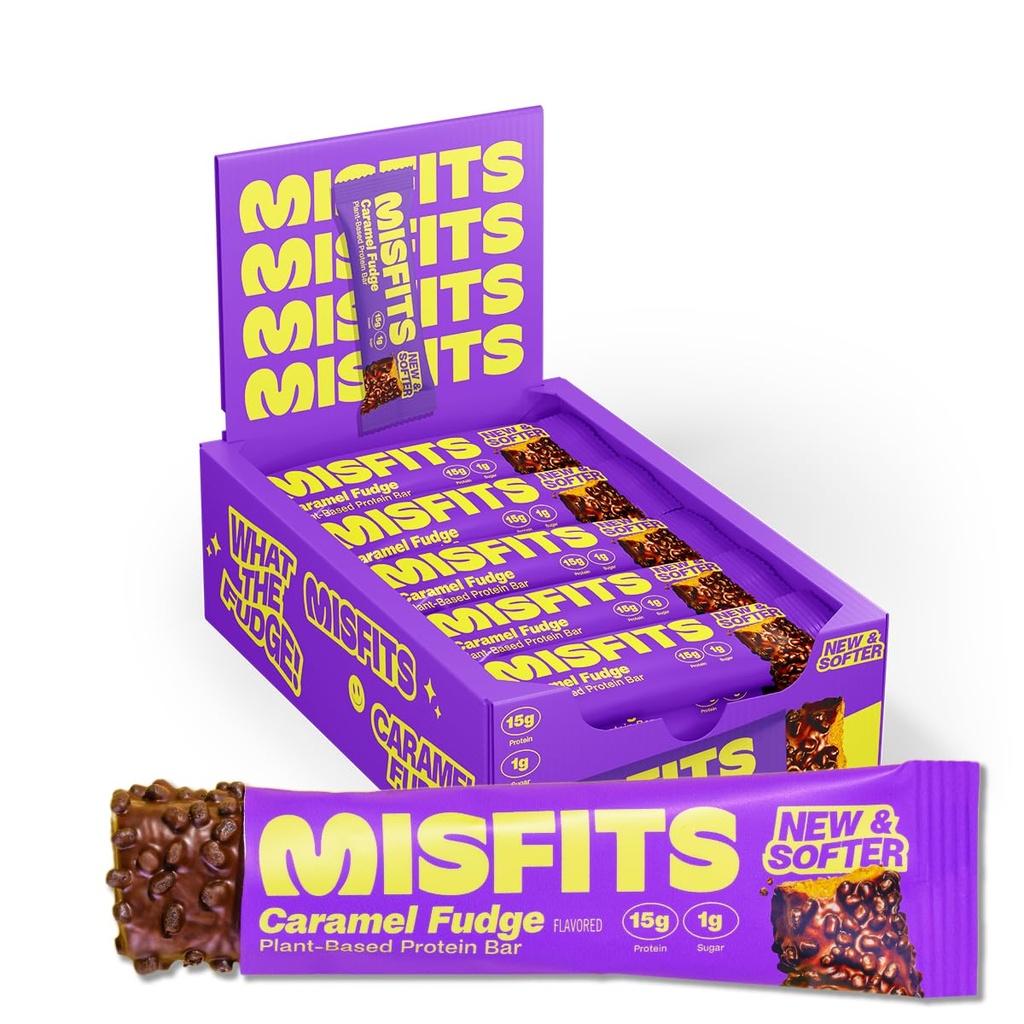 Misfits ビーガンプロテインバー, キャラメルファッジ - 更新レシピ | プラントベース, 低砂糖 & 炭水化物, 高繊維スナック | パック 15