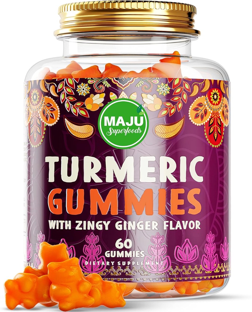 マジュスーパーフードのターメリッククルクミングミー60ct、ジンジャー味、強化吸収と効力のためのブラックペッパーエキス、大人と子供のためのターメリックグミー