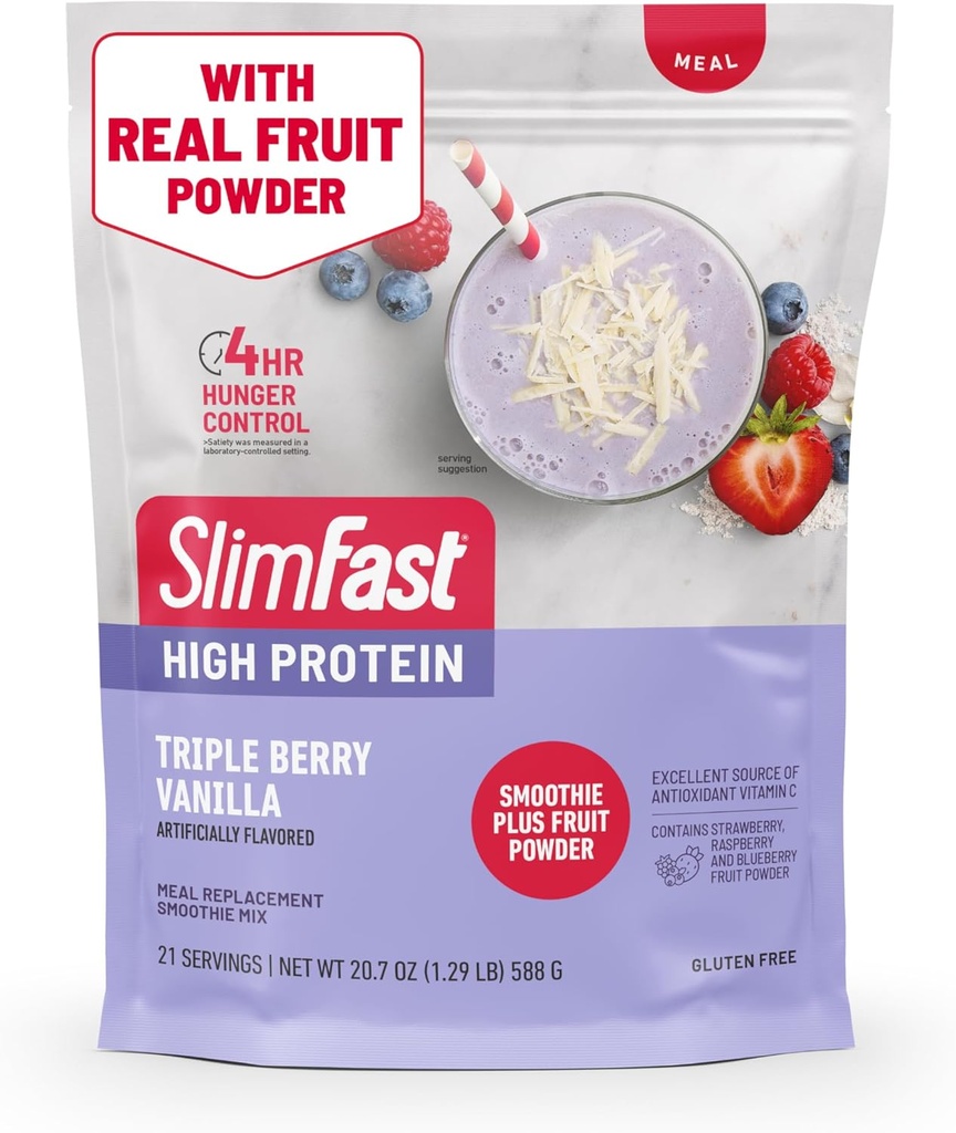 SlimFastの高い蛋白質のスムージーの組合せはフルーツの粉、高い蛋白質の食事の取り替えの粉、繊維、ビタミンC、21のサービング、1.29ポンド、三重の果実のバニラ(5月Varyを詰める)を食事します