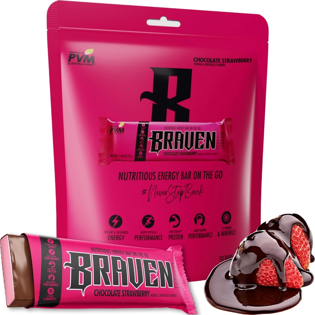Braven Bar Chocolate Strawberry Energy Bar (1.59 oz、10 のパック) – エネルギー咀嚼 5g たんぱく – ランニング、ハイキング、スポーツのためのオンザ・ゴー エネルギースナック - 持続エネルギーブーストのためのグルテンフリースナック