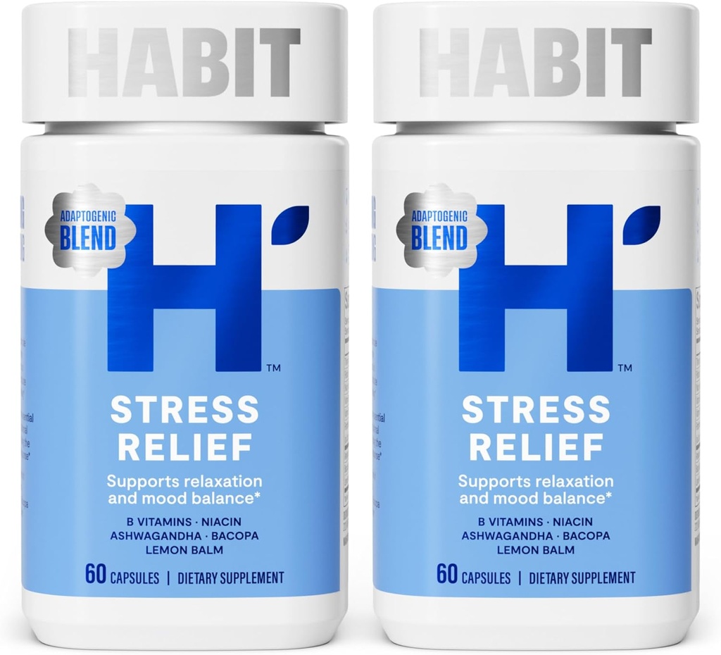 Habit Stress Relief Supplement 2 Pack (120 Capsules) - New Look, Supports Relaxation & Mood Balance, Vitamin B, Adaptogens, Lemon Balm, Calming, Vegan, Non-GMO
