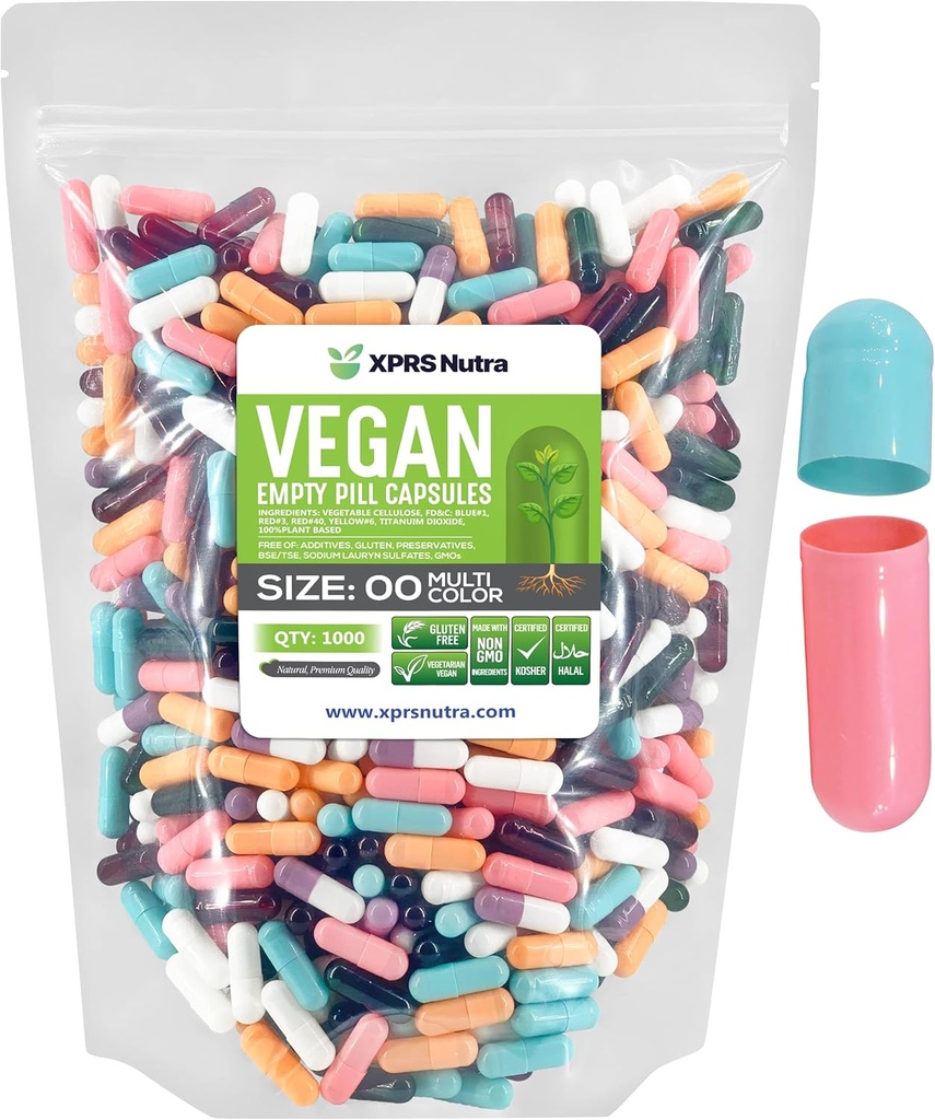 XPRSのNutraのサイズ00の空のカプセル- 1000の計算の空のビーガンのカプセル-菜食主義者の空の丸薬-DIYの野菜カプセルの満ちる-野菜の丸薬の帽子(多色)
