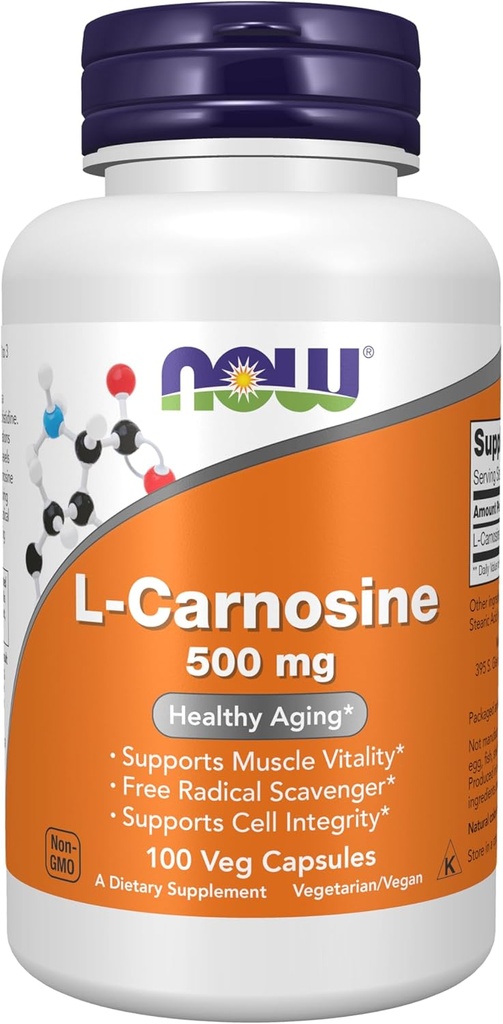 NOW Foodsは、L-Carnosine(β-Alanyl-L-Histidine)500mg、健康な老化、100ベジーカプセルを補います