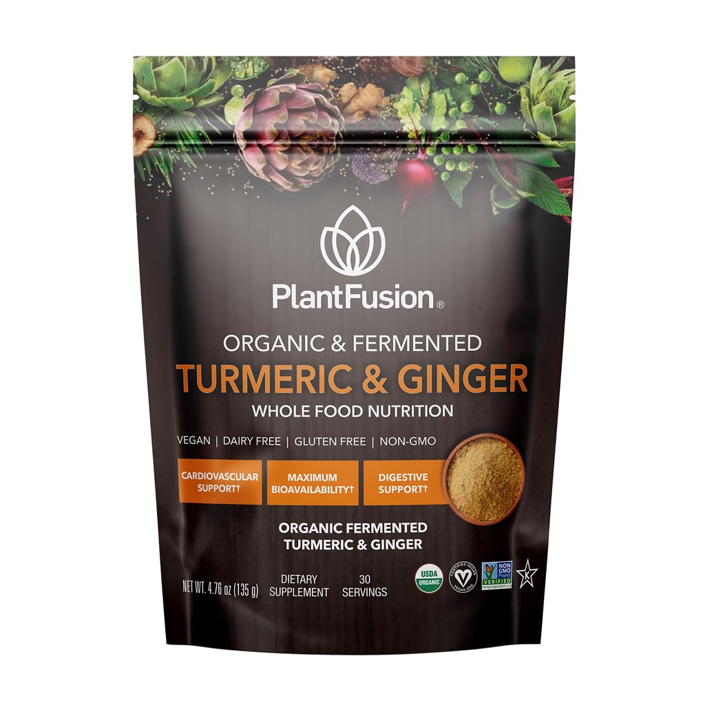 PlantFusionターメリックとジンジャードリンクミックス - 発酵食品栄養、クルミノイドとハーブサプリメントパウダー - USDA認定有機、非GMO、ビーガン、グルテンフリー、4.76オンス30サービング