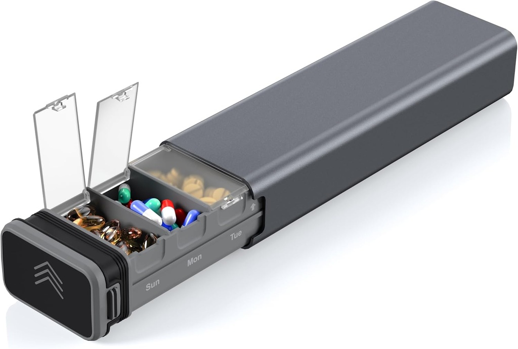 7 日週刊金属の丸薬のオルガナイザー旅行、Kursoaya の優れたアルミニウム毎日の丸薬箱、かわいい携帯用丸薬箱、補足のための大容量の丸薬のホールダー、丸薬、ビタミン、薬(鋼鉄灰色)