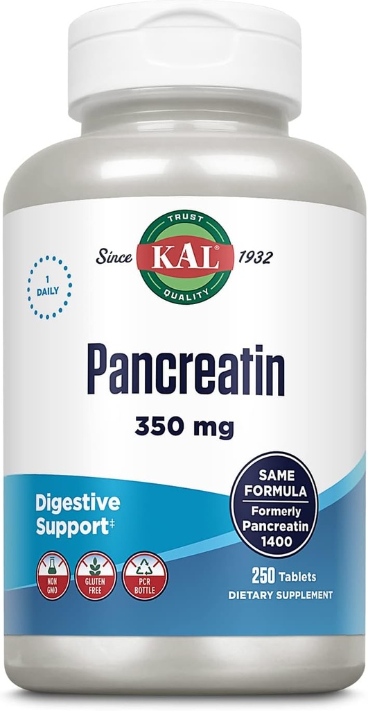 KALパンクレアチン350mg、女性と男性のための消化酵素、消化の健康サポートのためのパンクレアチカン酵素、グルテンフリー、非GMO、急速な統合、60日の保証、250のサービング、250のタブレット