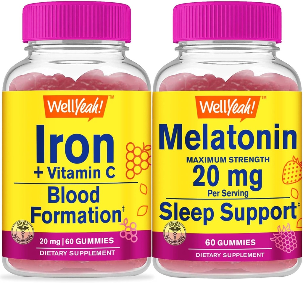 WellYeah Iron+Vitamin C + Melatonin 20mg、Gummies Bundle - 素晴らしいテイスティング、ビタミンサプリメント、グルテンフリー、GMO無料、Chewable Gummy