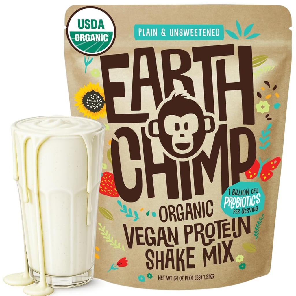EarthChimpオーガニックビーガンプロテインパウダー - プロバイオティクス付き - 非GMO、乳製品無料、非乳製品、女性と男性のための植物ベースのタンパク質パウダー、グルテンフリー - 52サービング、64オズ(プライン&Unsweetened)