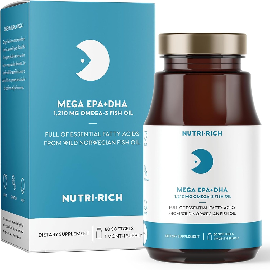 Nutri-Rich Omega-3 魚油 1210mg – 心のためのEPA & DHA, 脳 & 関節の健康 – 樹皮フリー, レモン風味, グルテン & 大豆フリー, サードパーティ製テスト (60 Softgels)
