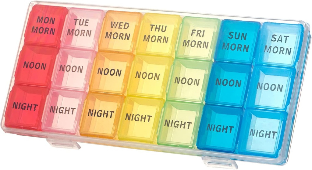 kiniza Small Weekly Pill Organizer, 3 Times a Day Travel Box with Open Design Holder Compartments Moisture-Proof Portable Friendly Case for Supplements, Vitamin, Medication