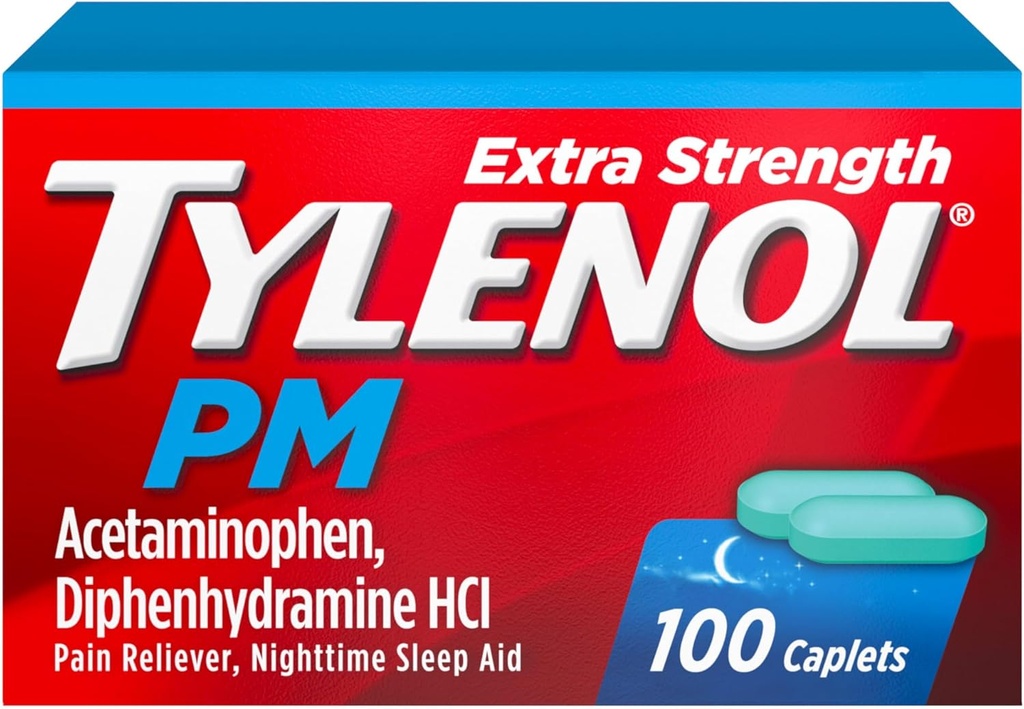Tylenol PMの余分強さの夜間痛みのReliever及び睡眠のエイド・カプレット、500のmgのアセトアミノフェン及び25のmg Diphenhydramine HClの夜間の痛み及び苦痛のための救助、非習慣の形成、100のct