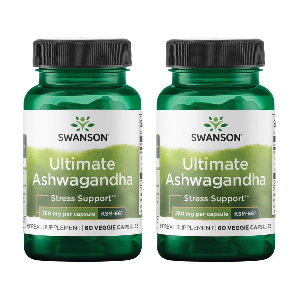 Swanson Ultimate Ashwagandha KSM-66 - ヘルシーなストレスレベルとリラックスをサポートするハーブサプリメント - カルム&リラックスマインドセットを促進するための自然なフォーミュラ - (60 ベジギーカプセル、250mg各) (2パック)