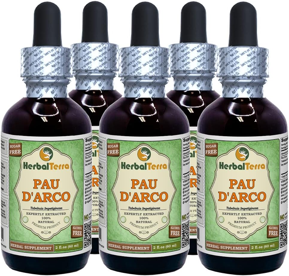 PAU d'arco (Tabebuia Impetiginosa) グリセライト, 乾燥樹皮アルコールフリー液体抽出物 (ブランド名: HerbalTerra, 間違いなく米国製) 5x2 fl.oz (5x60 ml)