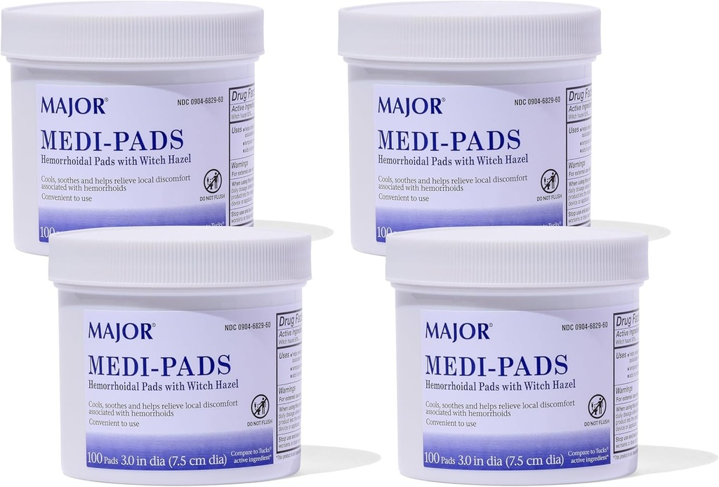 MAJOR Medi-Pads - Hemorrhoidal Hygienicクレンジングウィッチヘーゼルパッド - アロエと冷却救済 - 100カウントジャー(4パック)