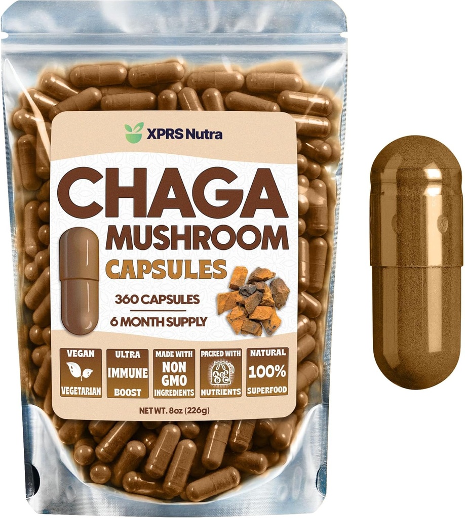 XPRS Nutra Chagaのきのこのカプセル - プレミアムUSDAのチャーガのきのこのカプセル-免疫ブーストのためのカプセル化されたチャガのきのこの粉-Chagaの茶および飲料のためのビーガン友好的なスーパーフード- 360の計算