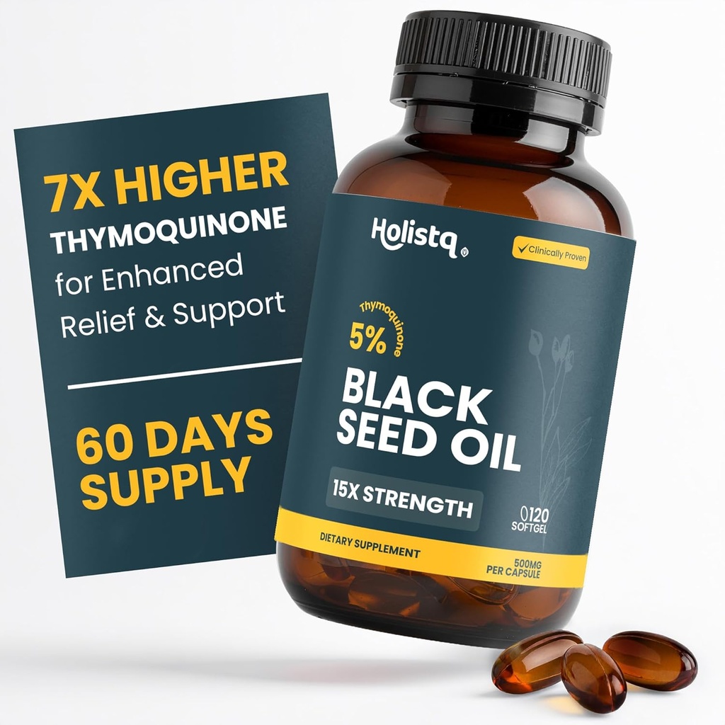 Holistiqブラックシードオイルオーガニックコールドプレスカプセル | 5% Thymoquinone | Non-GMO & Vegan | Nigella Sativa Black Cumin Seed Oil, Omega 3 6 9 大人免疫サポート - 120 Softgels, 2 ヶ月の供給