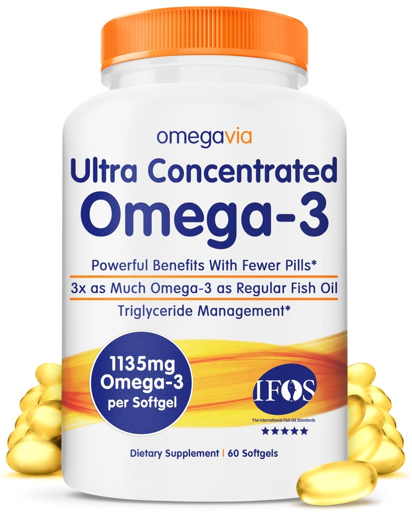OmegaVia の超集中されたオメガ 3 の魚油のバープレス、60 のSoftgels、三重力のオメガ 3 の魚油の補足、1135 の mg の純粋なオメガ3 の魚介類のバープ無し、高い EPA DHA DPA、IFOS 5-Star