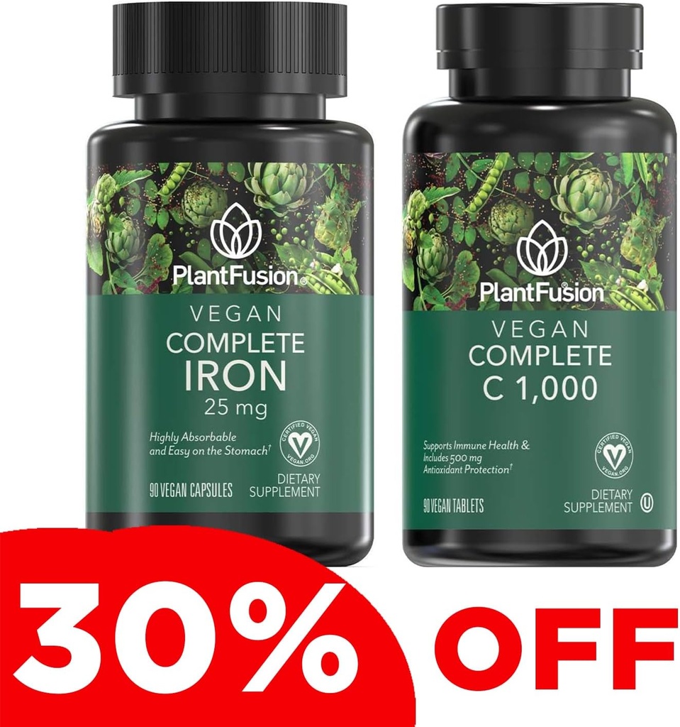 PlantFusionビーガンアイアン&ビタミンCバンドル - プレミアムプラントは、健康なエネルギーレベルと免疫の健康サポートのためのアイアン25mgとビタミンC 1000mgをベース