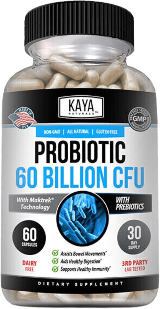 Kaya Naturals Probiotic 60 Billion CFU - Probiotics for Women, Probiotics for Men and Adults, Natural - Gut Health & Immune Support Supplement - Provides Digestive Support - 60 Vegetable Capsules
