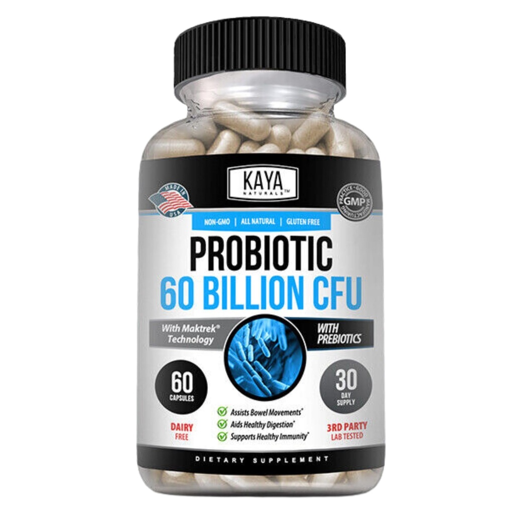 Kaya Naturals Probiotics 60 Billion CFU - 女性のためのプロバイオティクス、男性と大人のためのプロバイオティクス、ナチュラル - 腸の健康と免疫サポートサプリメント - 消化器系サポート - 60野菜カプセルを提供します