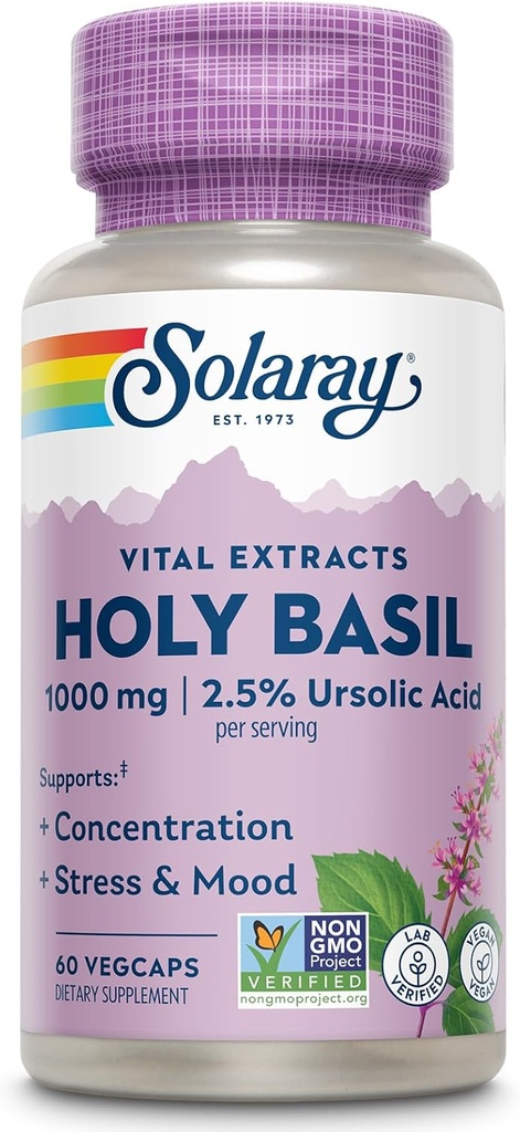 SOLARAY 聖バジル 1000 mg - トルシ 聖バジル アダプトゲン と 2.5% ウルゾル酸 - アドレンアル サポート, フォーカス, 時事応力と気分のサポート - 非GMO, 完全菜食主義者の, グルテンフリー, 60 日の保証, 30 のサービング