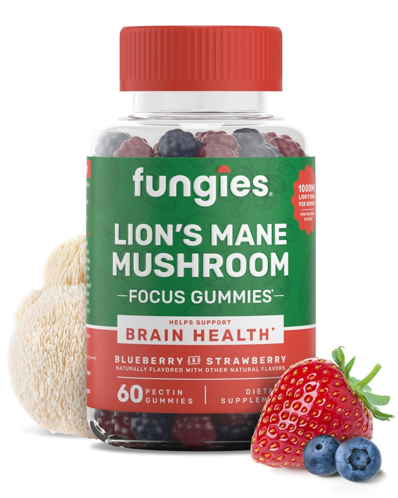 Fungies ライオンのマネのキノコのグミー、ミックスドブルーベリー&イチゴの味 - キノコのサプリメントは大人と子供のためのグミを支持します 脳の健康、認知機能、フォーカス、メモリ&気分、60 サービング