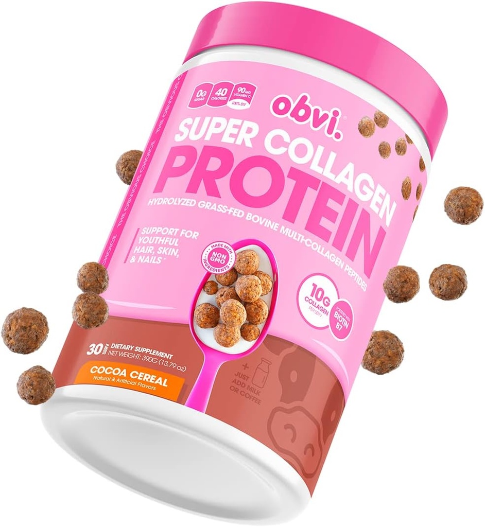 Obviマルチコラーゲンスーパープロテインパウダー(Cereal、14 Oz) | Keto-Friendly、Gluten、Dairy無料 | 加水草飼料ホコラージュペプチド | 腸の健康、皮膚、爪をサポート