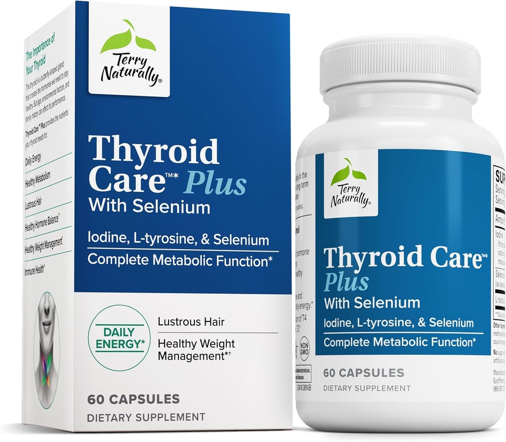Terry Naturally Thyroid Care Plus - Supplement to Aid Thyroid - Dietary Supplement for Energy & Healthy Hair Support - L-Tyrosine & Selenium - 60 Capsules