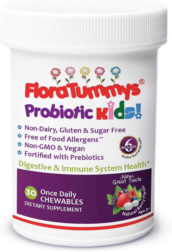 FloraTummys Kids Chewable Probiotic Prebiotics:非酪農場、グルテンフリー&砂糖フリー、ピーナッツ&大豆フリー、非GMO、テスト済み&食品アレルゲン、ビーガン、コシャ、ベリー味(1本)