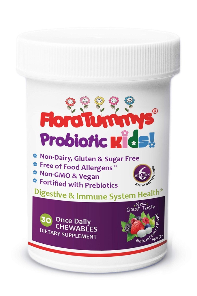 FloraTummys Kids Chewable Probiotic Prebiotics:非酪農場、グルテンフリー&砂糖フリー、ピーナッツ&大豆フリー、非GMO、テスト済み&食品アレルゲン、ビーガン、コシャ、ベリー味(1本)