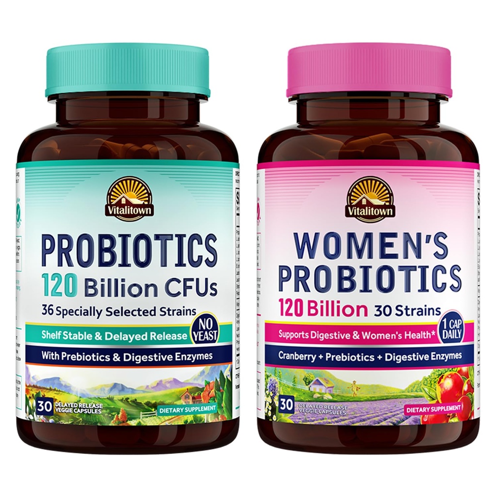 ヴィタリタウン プロバイオティック バンドル(2枚入り) | プロバイオティクス 120 Billion CFU (アイテム1) & Women’s Probiotics (アイテム 2) | シェルフ 安定、毎日保存 | ガット、免疫、腟の健康 | 60 カプセル | 30 日供給 各