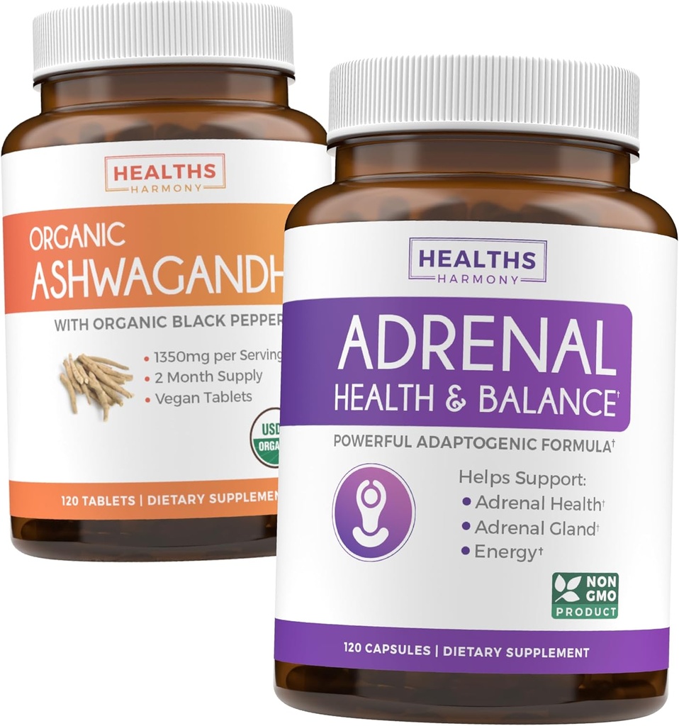 Ashwagandha&Adrenal (2-Month Supply) Adrenal Balance Pack - オーガニックアシュワガンダナチュラルアレンシャル&コルチゾールサポート(120キャップ)&アレンサルシステム&コルチゾールマネージャーL-チロシンファティグサポート(120キャップ)