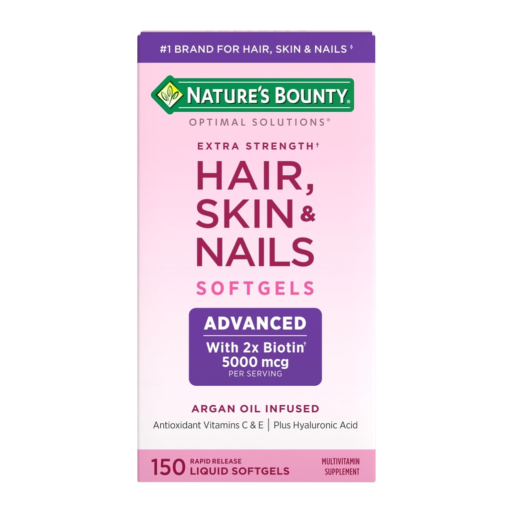 Nature's Bounty Advanced Hair, Skin & Nails, Argan-Infused Vitamin Supplement with Biotin and Hyaluronic Acid, 150 Rapid Release Softgels, 50 Totalサービング