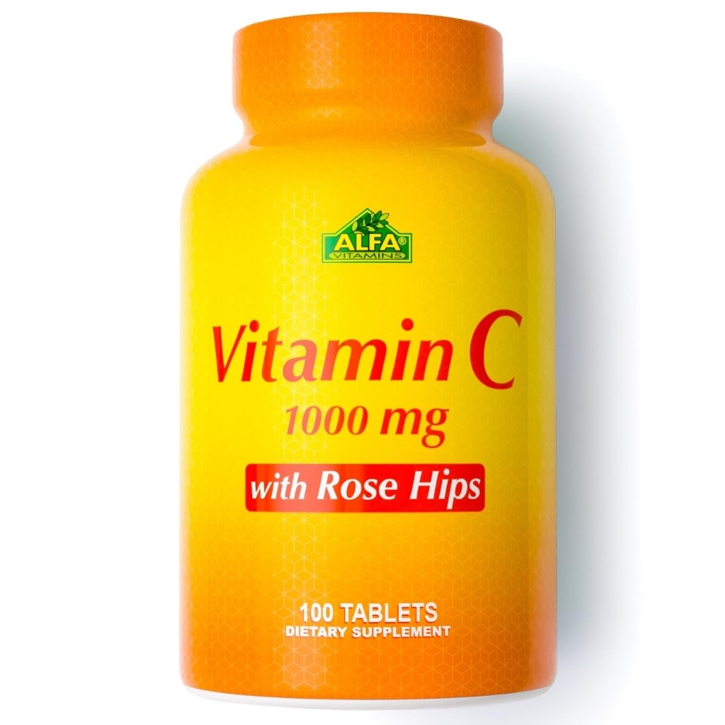ALFA VITAMINS ビタミン C と ローズ HIPS と 1000 mg のビタミン C のサービング - 抗酸化剤 & 免疫サポート + 健康な皮膚をサポート & 関節 - 非 GMO, ビーガン, グルテンフリーグルテン, 乳製品無料 - 100 タブレット