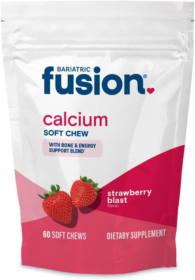 Bariatric Fusion Bariatric Calcium Supplement Chews | Calcium Citrate with Vitamin D3 Bariatric Vitamin | Sugar Free Chewable | 500mg | Strawberry | 60 Count