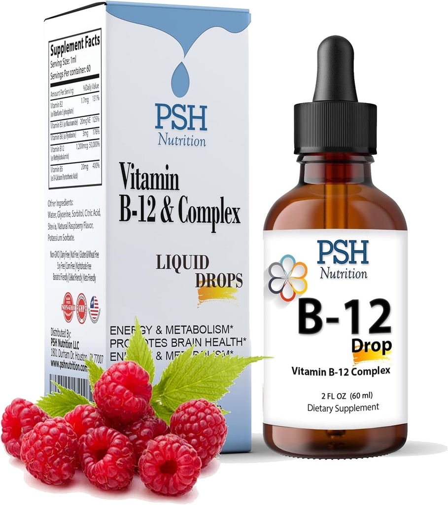 Premium PSH B Complex Liquid Drops with B12 - Natural Energy Booster - USA Made Supplement for Energy and Focus Stress Relief and Energy and Immune Support - 2 fl oz