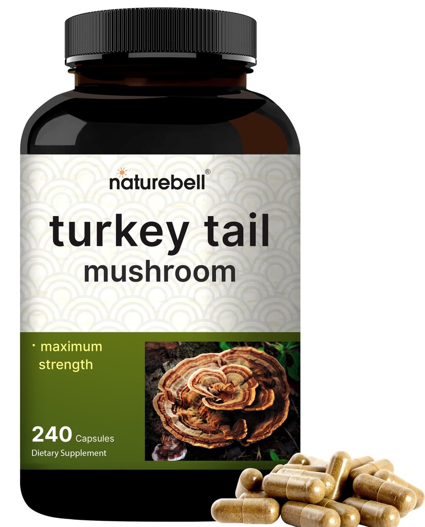NatureBellのトルコの尾きのこのカプセルのサービングごとの15,000mg、240の計算  25:1のフルーツ ボディ及びmyceliumのエキス–免疫及び脳の健康のきのこの補足。