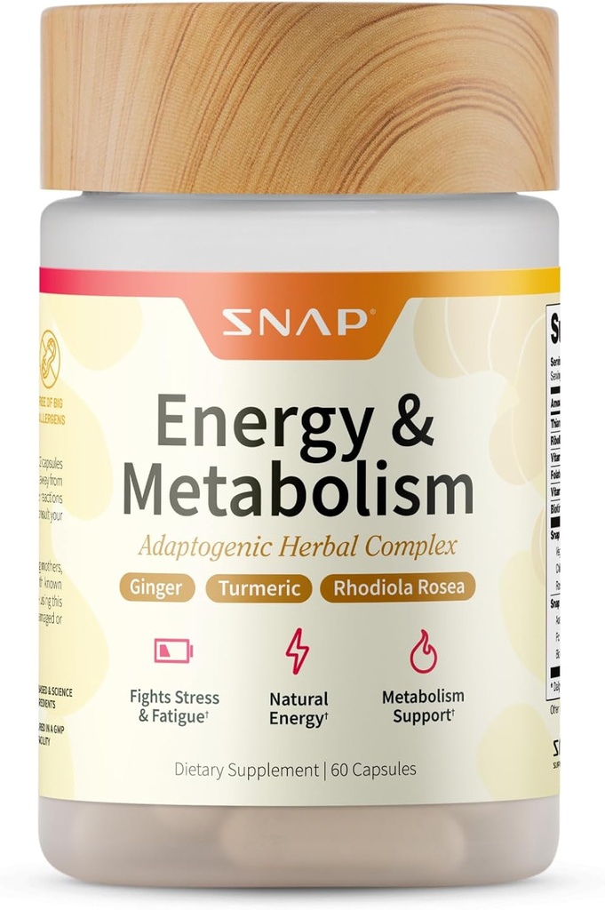 Snap Supplements Energy & Metabolism Herbal Complex for Fatigue, Stress Relief, Energy Booster & Better Mood, Energy Pills for Women & Men, 60 Capsules (30 Servings, 1 Month Supply)