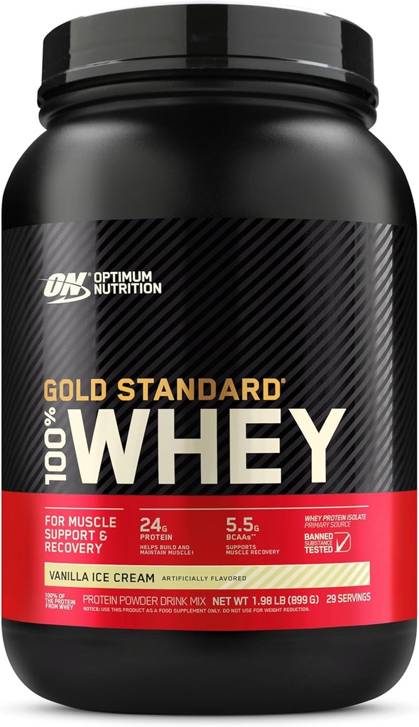 Optimum Nutrition Gold Standard 100% Whey Protein Powder from Whey Isolates, Vanilla Ice Cream - 2 Pound