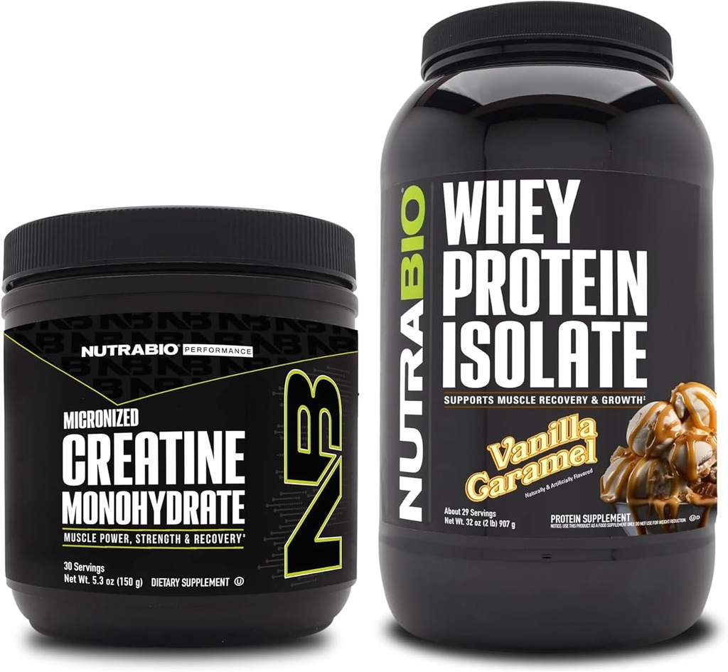 NutraBio Creatine Monohydrate, Unflavored, 150g and Whey Protein Isolate, Vanilla Caramel, Supplement Bundle - Muscle Energy, Lean Muscle Growth, Recovery, and Strength