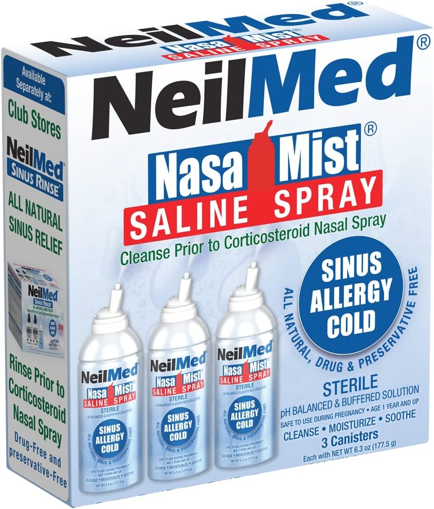 NeilMed NasaMist Isotonic Saline スプレー. 特別に設計された先端を使用してソテー、保湿し、クレンジング。 177mL。 3 NasaMistキャニスターが含まれています