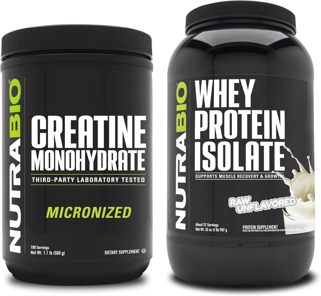 NutraBioのクレアチンの一水化物、不燃性、500gおよびWheyの蛋白質の隔離剤、不燃性、補足の束-筋肉エネルギー、細い筋肉成長、回復および強さ