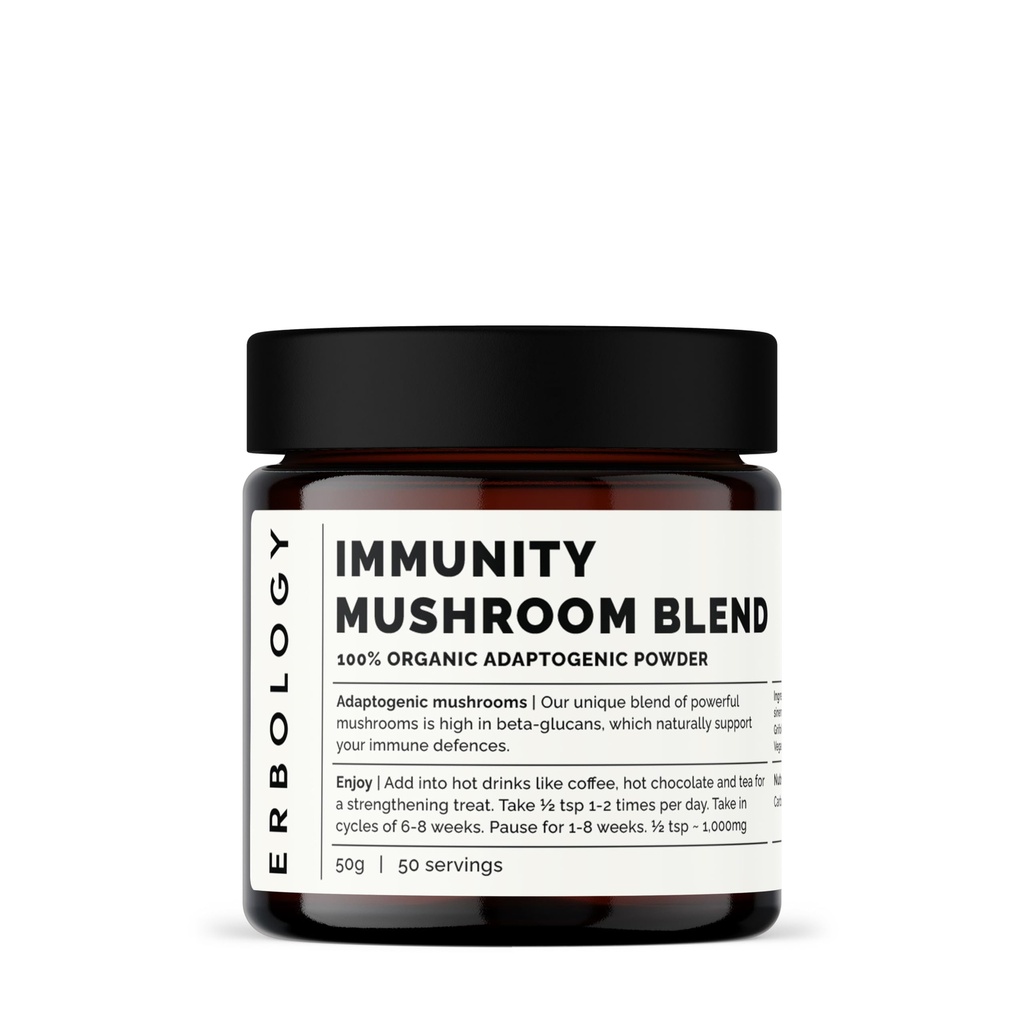 Erbologyの有機性免疫のきのこコンプレックス50のサービング - Beta-glucansの高い - Reishi、Cordyceps、ライオンのマネ、トルコの尾 - 欧州で持続的に成長 - ビーガン - 非GMO - いいえ追加フィラーなし