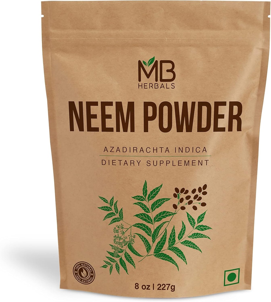 MB Herbals Pure Neem Powder 8 oz | 227 Gram / 0.5 LB Pure Wild-Crafted Neem Leaf Powder | Supplement for Skin and Hair | Azadirachta Indica
