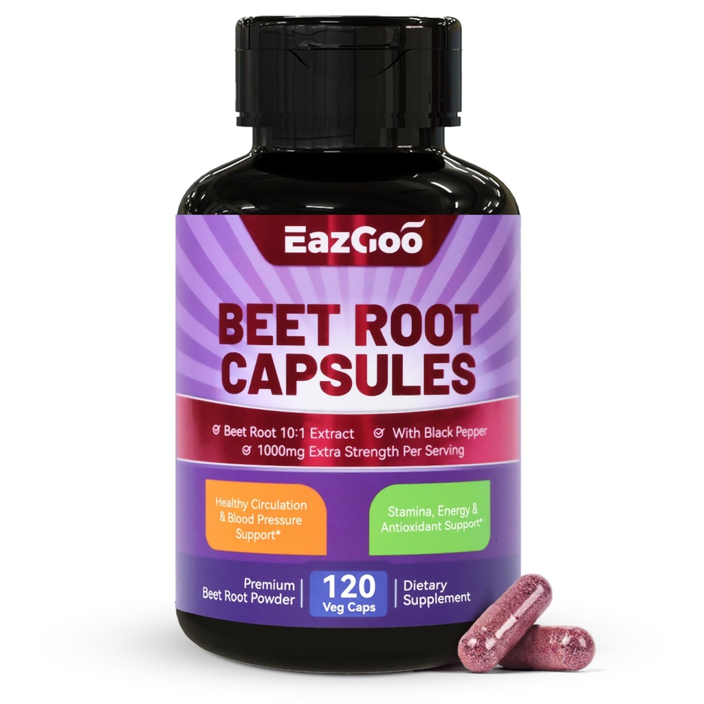 ビートルートカプセル1000mg/サービング、サポートニトリオキサイド生産&血圧、ブラックペッパーエキス、非GMO、グルテンフリー、ビーガン - 120カウント