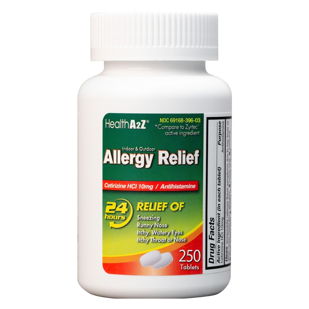 HealthA2Z® アレルギー救済 | セチジン10mg | 終日アレルギー救済 | 屋内・屋外 | 斜めから救援、鼻水、鼻水(250個)