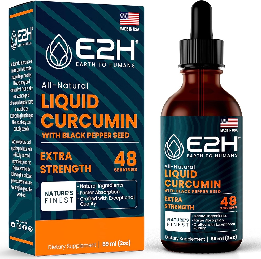 E2H Liquid Turmeric Curcumin for Better Absortion - Natural Joint Support - Turmeric Root Extract with Black Pepper Seed - Boost Your Health - Vegan - Non-GMO - 2 Fl Oz